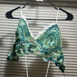 Crochet freehand lacey corset back bralette in green and white🧶
